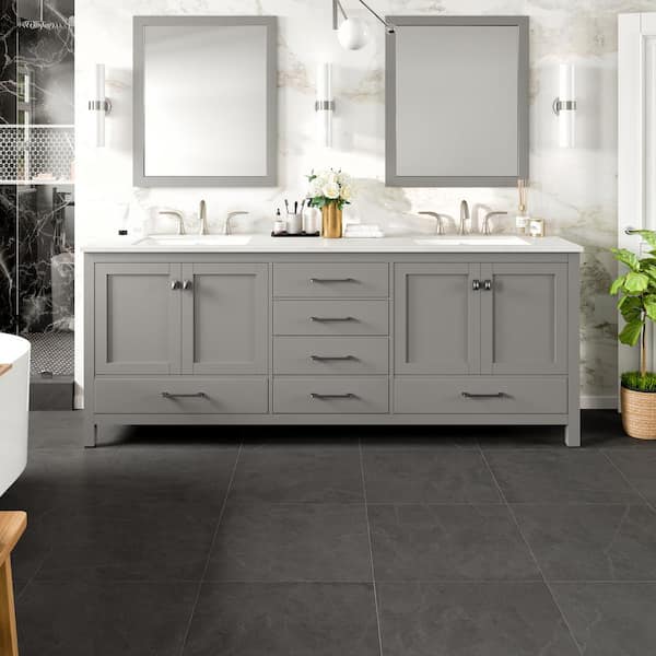 Aberdeen 84 in. Double Sink Gray Bath Vanity with White Carrara Quartz Top (Assembled)