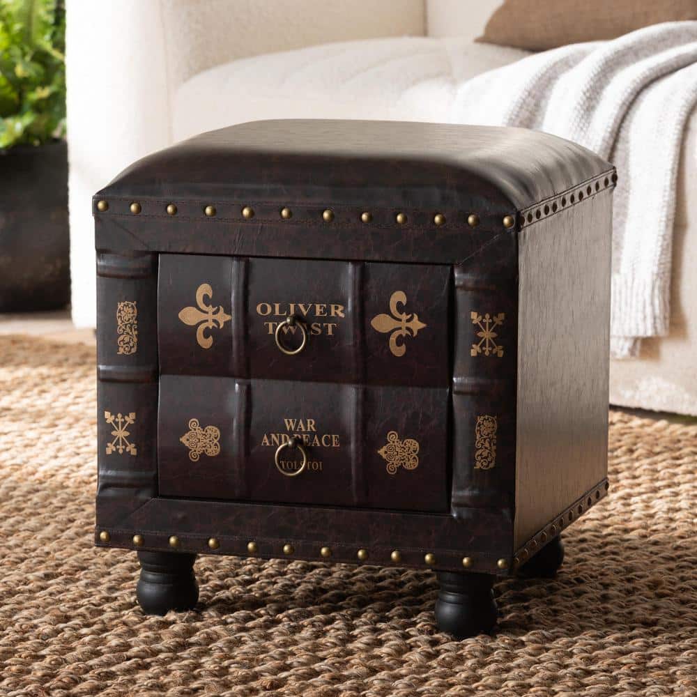 Charlier Rustic Dark Brown Faux Leather Storage Ottoman with Book Spine Drawer