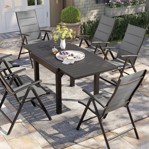 7 Pieces Aluminum Outdoor Patio Dining Set with Extension Table and Adjustable Folding Chairs in Gray