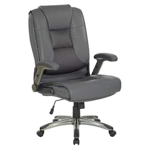 Bonded Leather Adjustable Height Lumbar Support Tilt Ergonomic Executive Chair in Charcoal Gray with Flip Arms