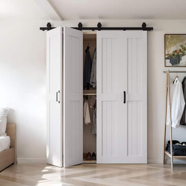 72 in. x 84 in. Bi-Fold Paneled H Shape White Finished MDF Composite Sliding Barn Door with Hardware Kit