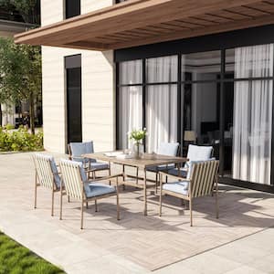 SleekLine 7-Piece Aluminum Rectangular Outdoor Dining Set with Blue Cushions