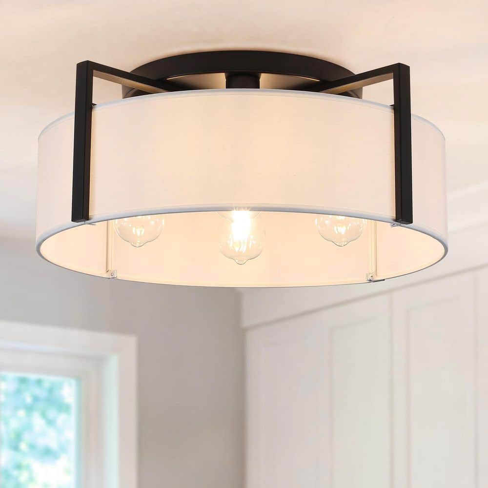 20.47 in. 4-Light Black Drum Farmhouse Semi Flush Mount Ceiling Light with White Fabric Shade price history on PriceWatchPro