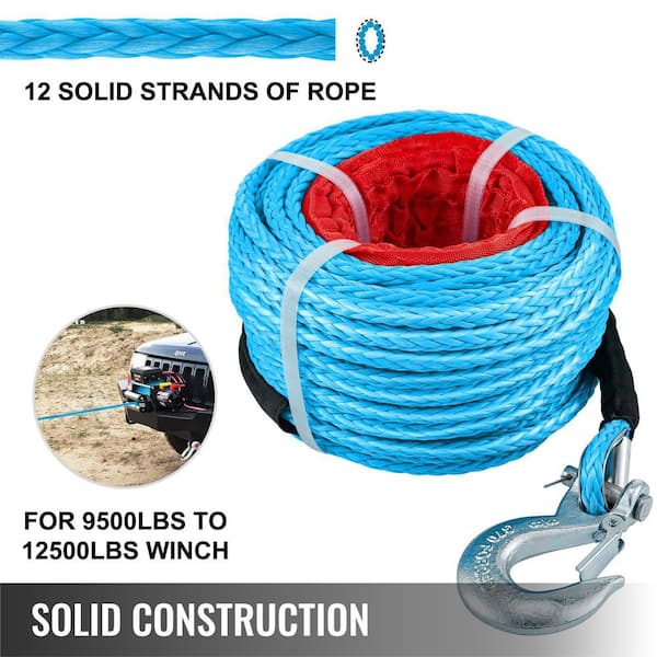 VEVOR Blue Synthetic Winch Rope 100 ft. x 3/8 in. Winch Line Cable with G70 Hook 18,740 lbs. 12 Strands with Protective Sleeve