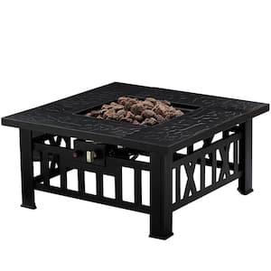 Propane Fire Pit, 30 Inch Outdoor Gas Fire Table, 50,000 BTU Square Firepit with Lid and Lava Rock, Black