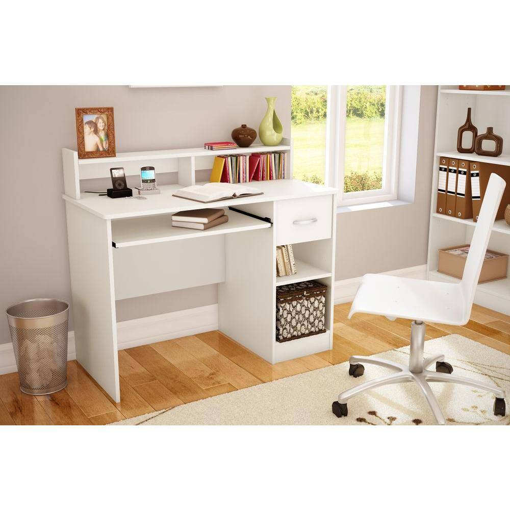 White Wood Computer Desk with Hutch and Drawer