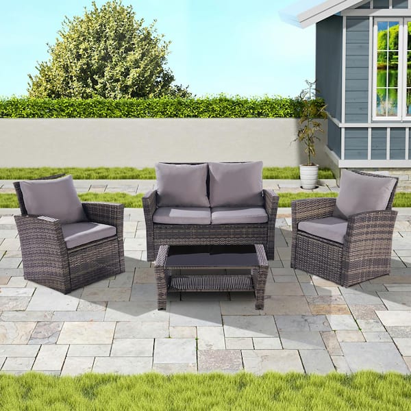 Cesicia Dark Gray 4-Pieces Wicker Outdoor Patio Conversation Set Furniture Sets with Gray Cushions