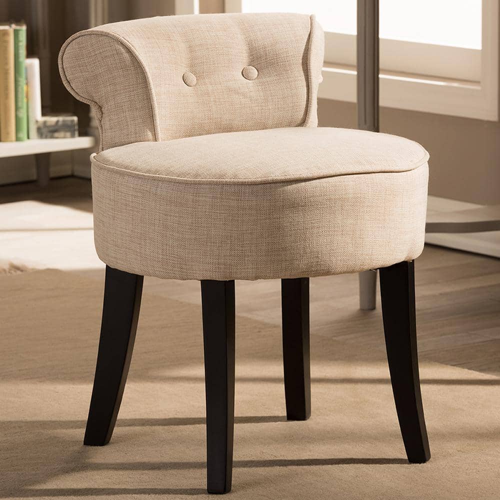 Millani Beige Linen Modern Lounge Stool with Black Birch Legs