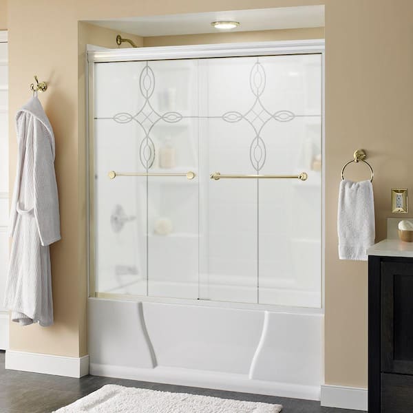 Delta Crestfield 60 in. x 58-1/8 in. Semi-Frameless Traditional Sliding Bathtub Door in White and Brass with Tranquility Glass