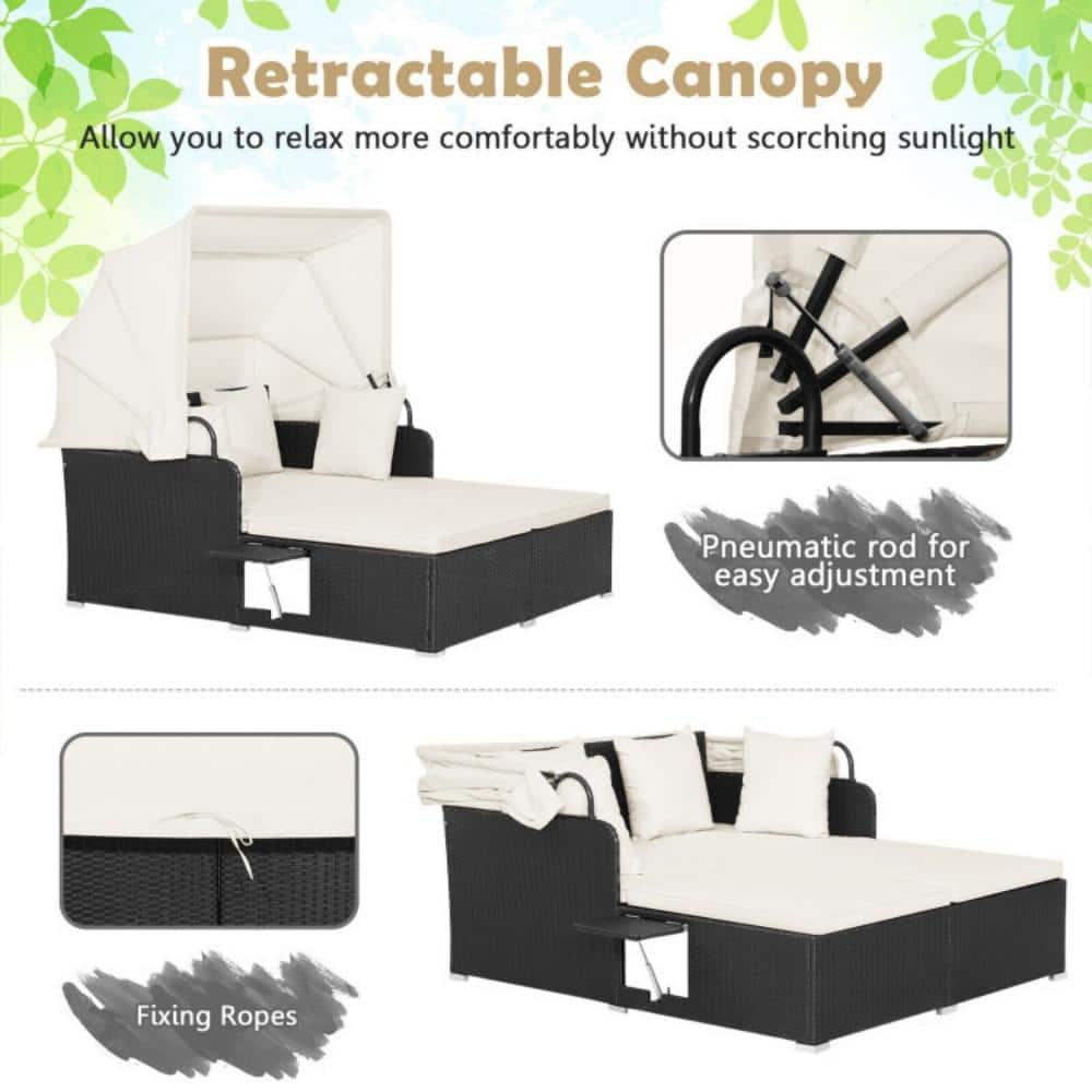 Black Wicker Outdoor Daybed with Off-White Cushions and Canopy