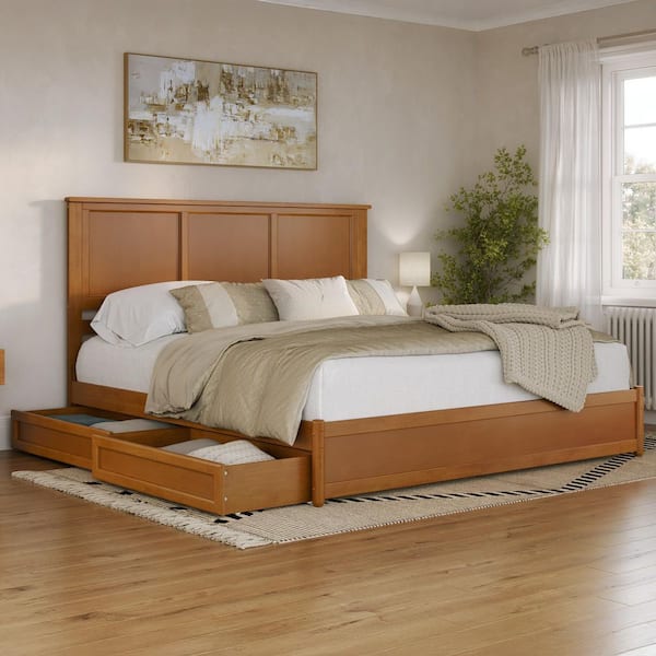 AFI Felicity Light Toffee Natural Bronze Solid Wood Frame King Platform Bed with Panel Footboard and Storage Drawers