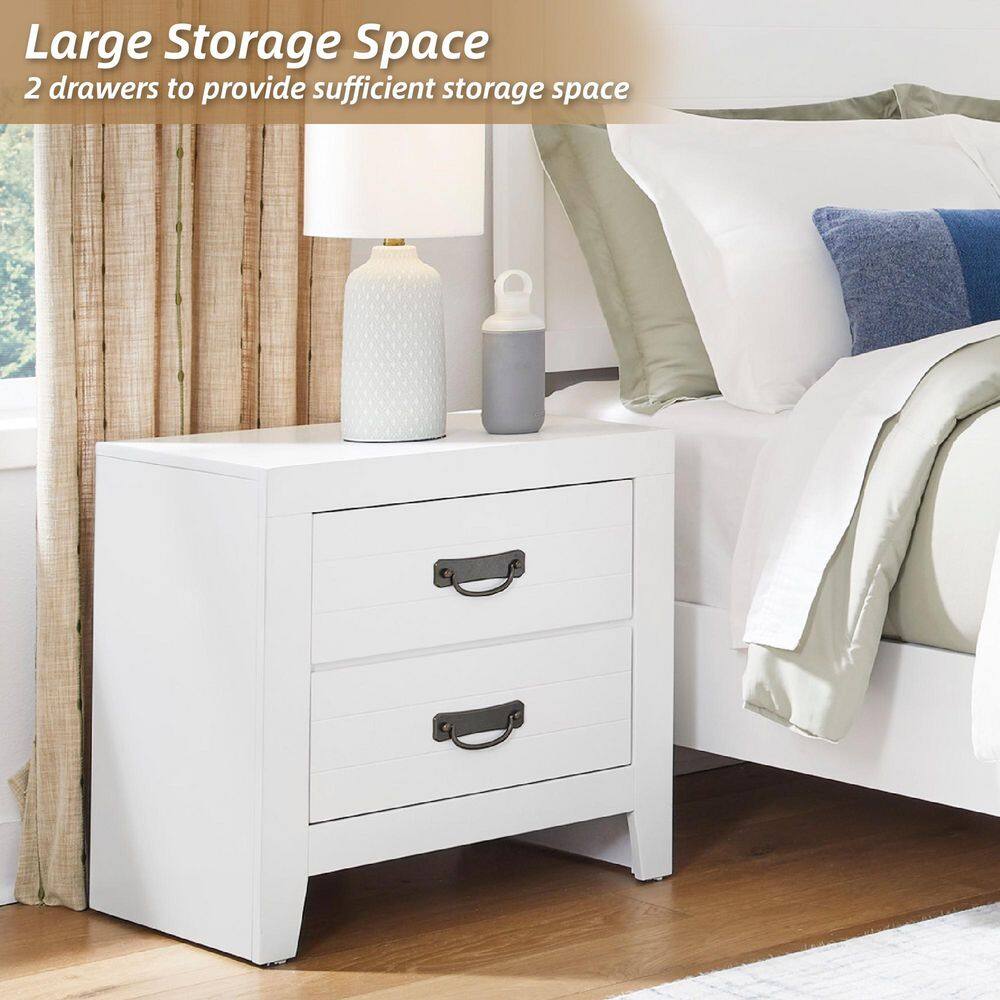 White Transitional 2-Drawer Nightstand with Metal Handles