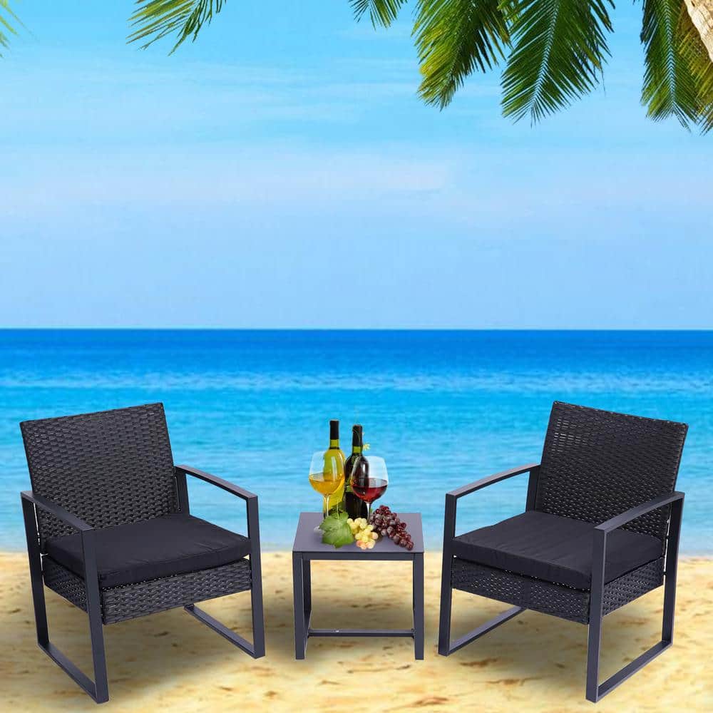 Zeus & Ruta 3Piece Wicker Patio Conversation Set with Black Cushions