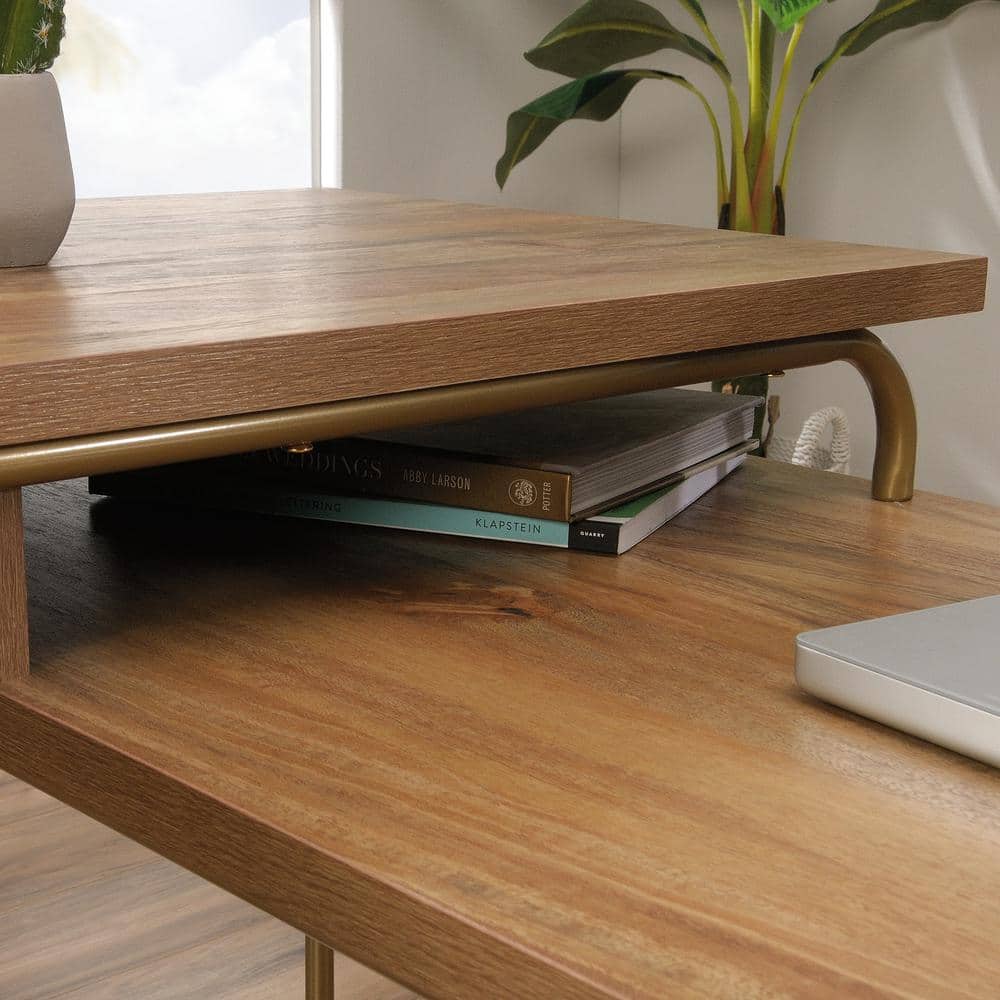 Sindoori Mango L-Shaped Wood Desk with Gold Frame