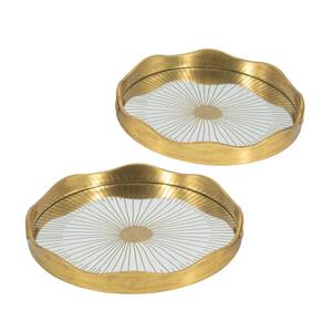 Round Gold Plastic Mirror Trays with Radiant Motif-Set of 2-L: D 15.5 x 1.7 in. S: D 14 x 1.7 in.