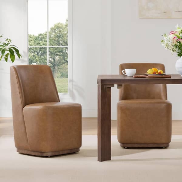 Oberon Saddle Leather Modern Dining Chairs with Casters Base and Solid Wood Frame for Kitchen and Dining Room (Set of 2)