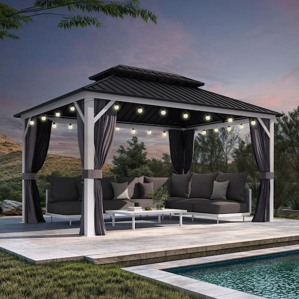 10 ft. x 14 ft. White Aluminum Hardtop Gazebo Canopy with Galvanized Steel Double Roof, Curtains and Netting 24-Light