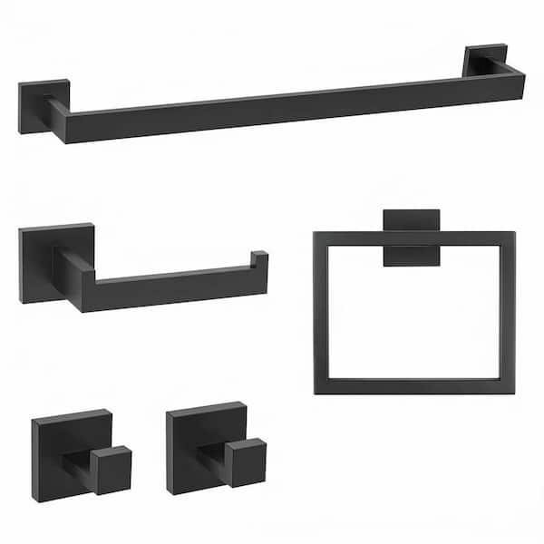 5 Piece Bathroom Accessories Set with Towel Bar Towel Ring Toilet Paper Holder 2 Towel Hooks in Matte Black