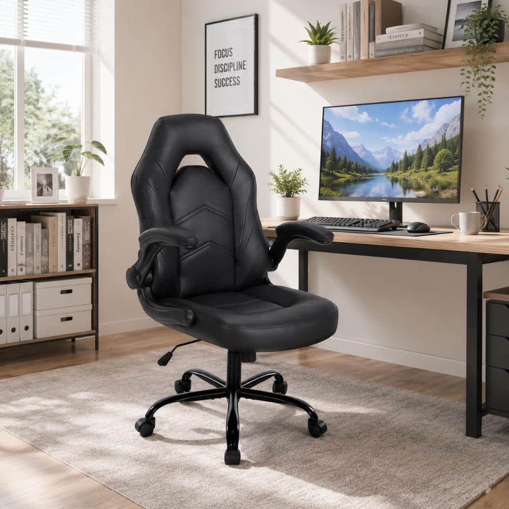 PU Leather Adjustable Height Ergonomic Computer Desk Gaming Chair in Black with Flip-up Armrest for Adults, Kids