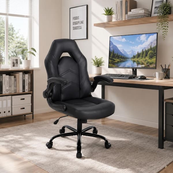 PU Leather Adjustable Height Ergonomic Computer Desk Gaming Chair in Black with Flip-up Armrest for Adults, Kids