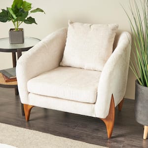 White Rounded Boucle Polyester Accent Chair with Brown Wooden Legs and Matching Pillow