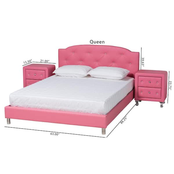 Baxton Studio Canterbury 3 Piece Pink and Silver Queen Bedroom Set