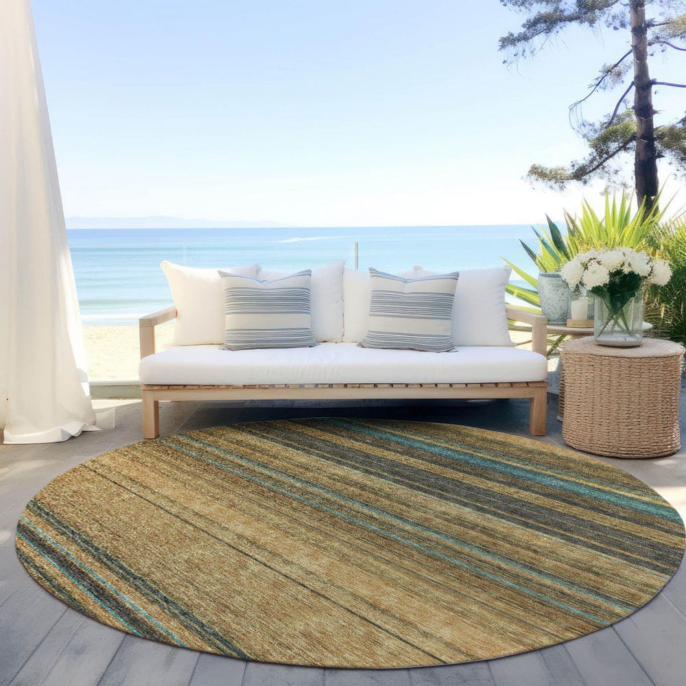 Wheat and Gray Round Synthetic Stripe Rug 8' x 8'