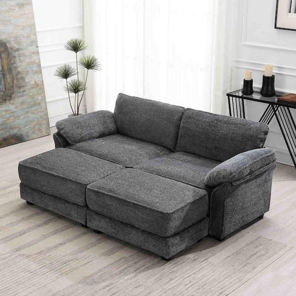 Polibi 81 in. Square Arm Chenille Rectangle Sofa with Ottoman in Gray