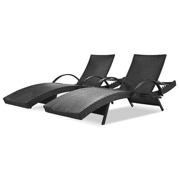 PARASOLAR Black 2-Piece 80 in. Wicker Outdoor Chaise Lounge with Pull-out Side Table and Adjustable Backrest
