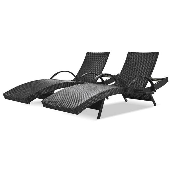 PARASOLAR Black 2-Piece 80 in. Wicker Outdoor Recliner with Pull-out Side Table and Adjustable Backrest
