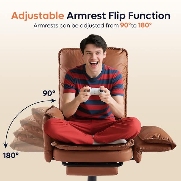 PU Leather High-Back Cross-Legged Office Chair in Brown w/ Flip-up Arms, Ergonomic Swivel Executive Chair With Footrest