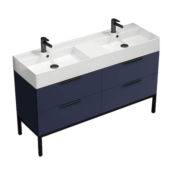 Derin 55.51 in. W x 18.11 in. D x 34.65 in. H Double Floor Standing Bath Vanity in Navy Blue with White Ceramic Top
