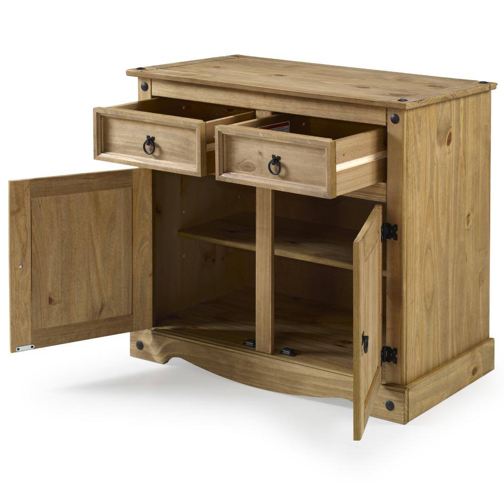 Corona Brown buffet sideboard with drawers and doors open.