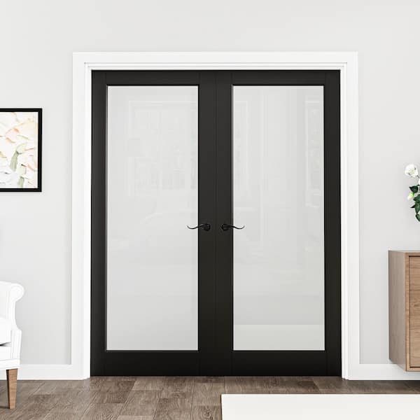 60 in. x 80 in. Universal 1-Lite Frosted Glass Black Solid Core Glass Assembly Required Double French Door with Jamb