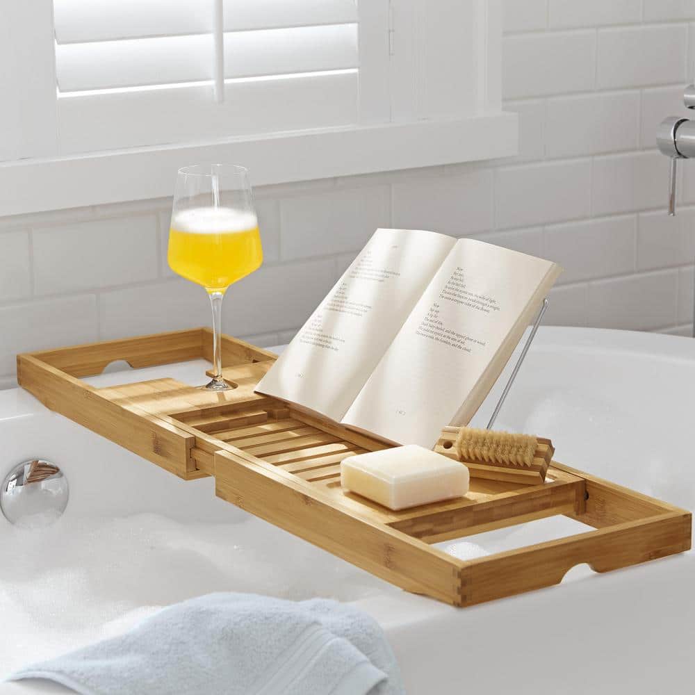Adjustable Bamboo Bathtub Caddy with Book and Wine Holder