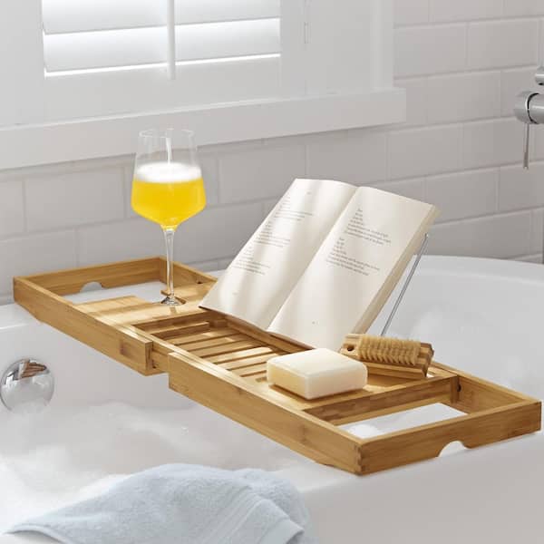 Bathroom Bamboo Bath Caddy Wine Glass Holder Table Tray Bathtub