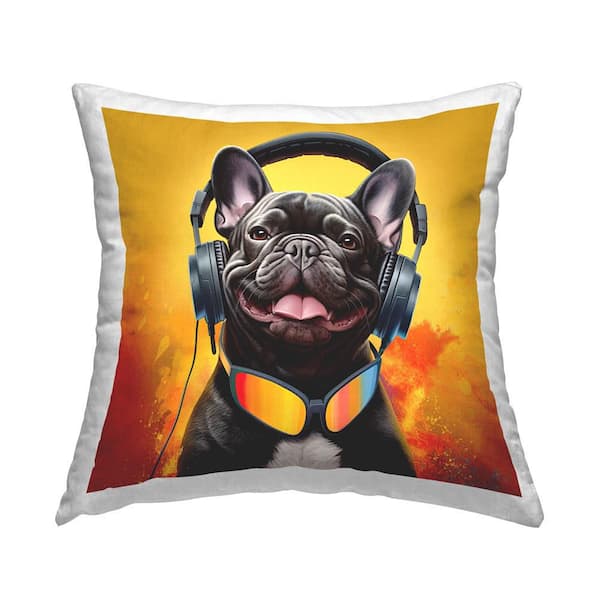 Stupell Industries Dog & Headphones Portrait Yellow Print Polyester 18 in. x 18 in. Throw Pillow