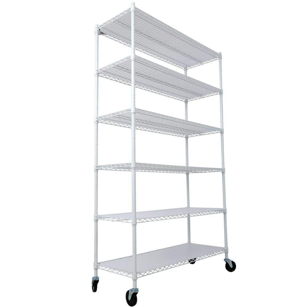 White Heavy Duty 6-Tier Metal Storage Rack with Wheels
