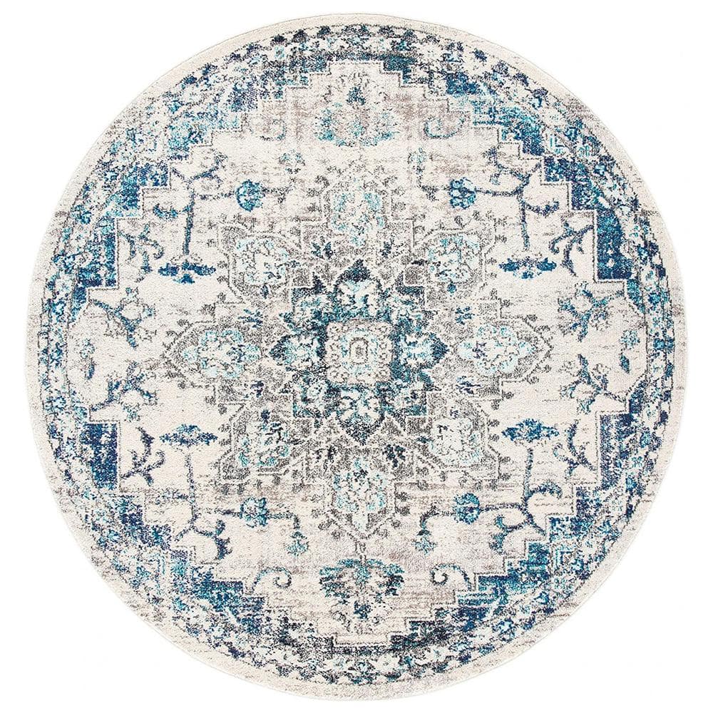 Light Grey and Blue Round Synthetic Reversible Rug