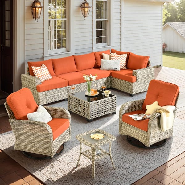 HOOOWOOO Kelleys 9-PC Wicker Modern Outdoor Patio Conversation Sofa Set with Swivel Chairs, a LED Table and Orange Red Cushions