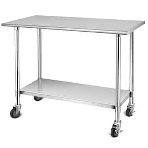 Silver Stainless Steel Commercial Kitchen Utility Table with Lockable Casters