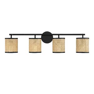 Jaylar 34 in. W x 8.5 in. H 4-Light Matte Black Bathroom Vanity Light with Woven Cane Shades