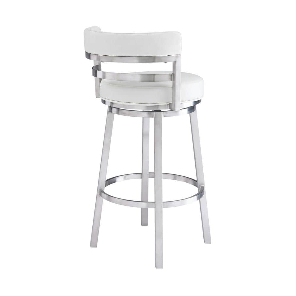 Luxe Swivel 26" White Faux Leather & Brushed Stainless Steel Barstool