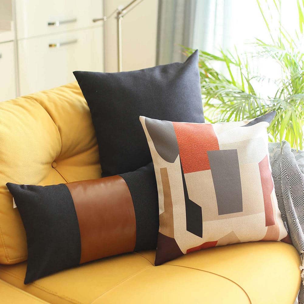 Black and Brown Vegan Faux Leather Lumbar Pillow Covers Set of 4