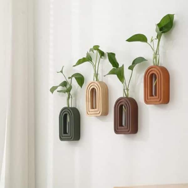 4-Pack Brown Wood Wall Planters For Indoor Plants – Rustic Fire-Burned Wall Vases With Sawtooth Hooks, Perfect For Dried Flowers & Greenery Decor