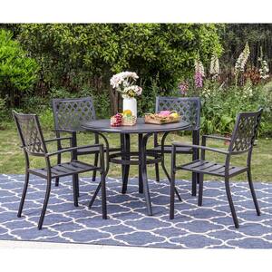 Black 5-Piece Metal Outdoor Patio Dining Set with Slat Round Table and Elegant Stackable Chairs