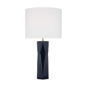 Fernwood 26 .5 in. Gloss Navy Medium Table Lamp with White Linen Fabric Shade
