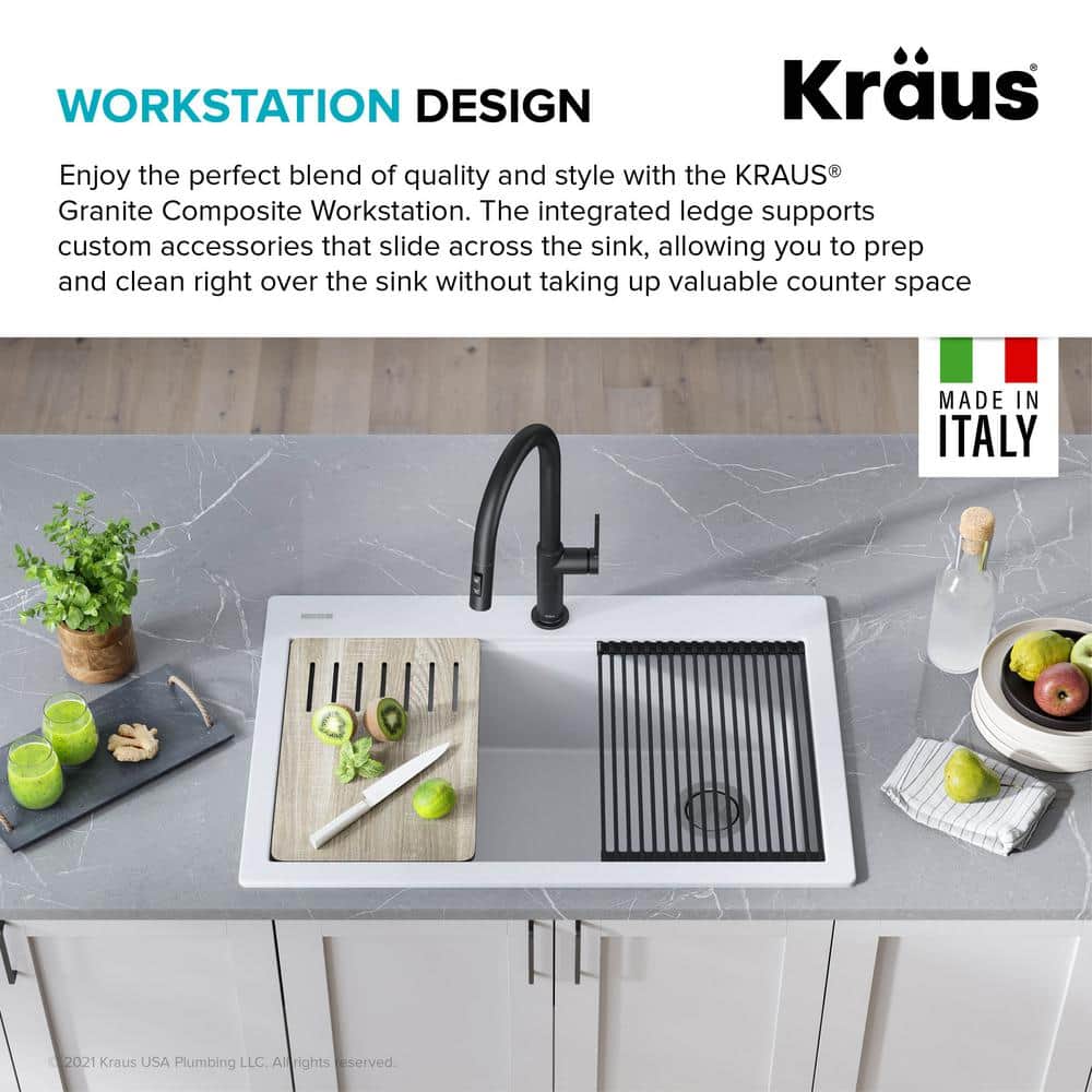 33 in. White Granite Composite Single Bowl Workstation Kitchen Sink with Accessories
