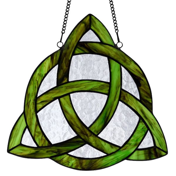 Trinity Knot Green and Clear Stained Glass Window Panel