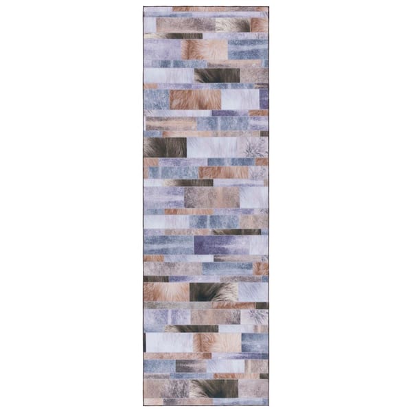 SAFAVIEH Faux Hide Beige/Purple 3 ft. x 8 ft. Machine Washable Plaid Geometric Runner Rug